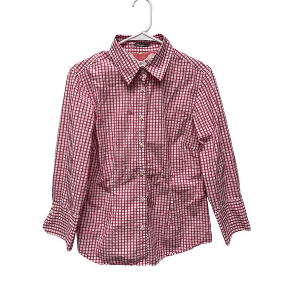 J. McLaughlin Button Down 7/8 sleeve top pink gingham silk flip cuff size 10 - Picture 1 of 8